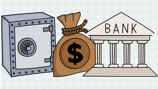 Free vector bundle including three money-themed images: a bank building, a money bag, and a safe vault