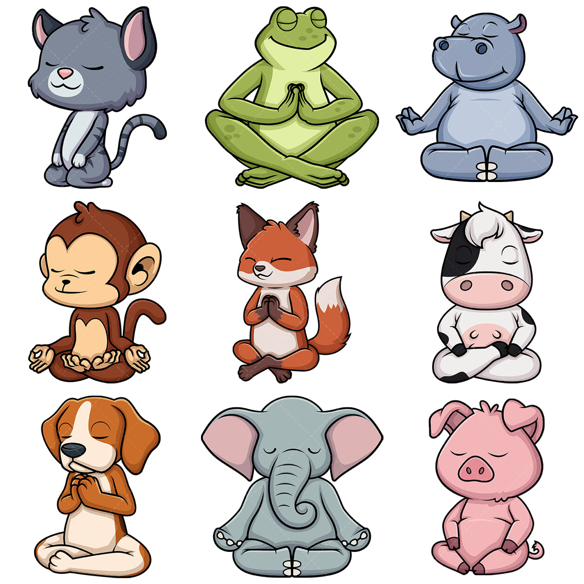 A bundle of 9 royalty-free stock vector illustrations of animals meditating.
