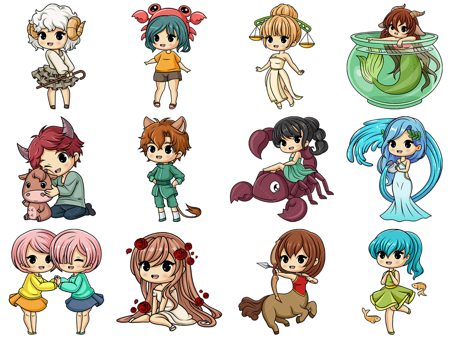 A bundle of 12 royalty-free stock vector illustrations of astrology zodiac signs.