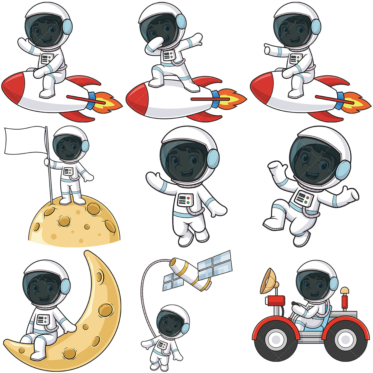 A bundle of 9 royalty-free stock vector illustrations of a chibi kawaii astronaut.