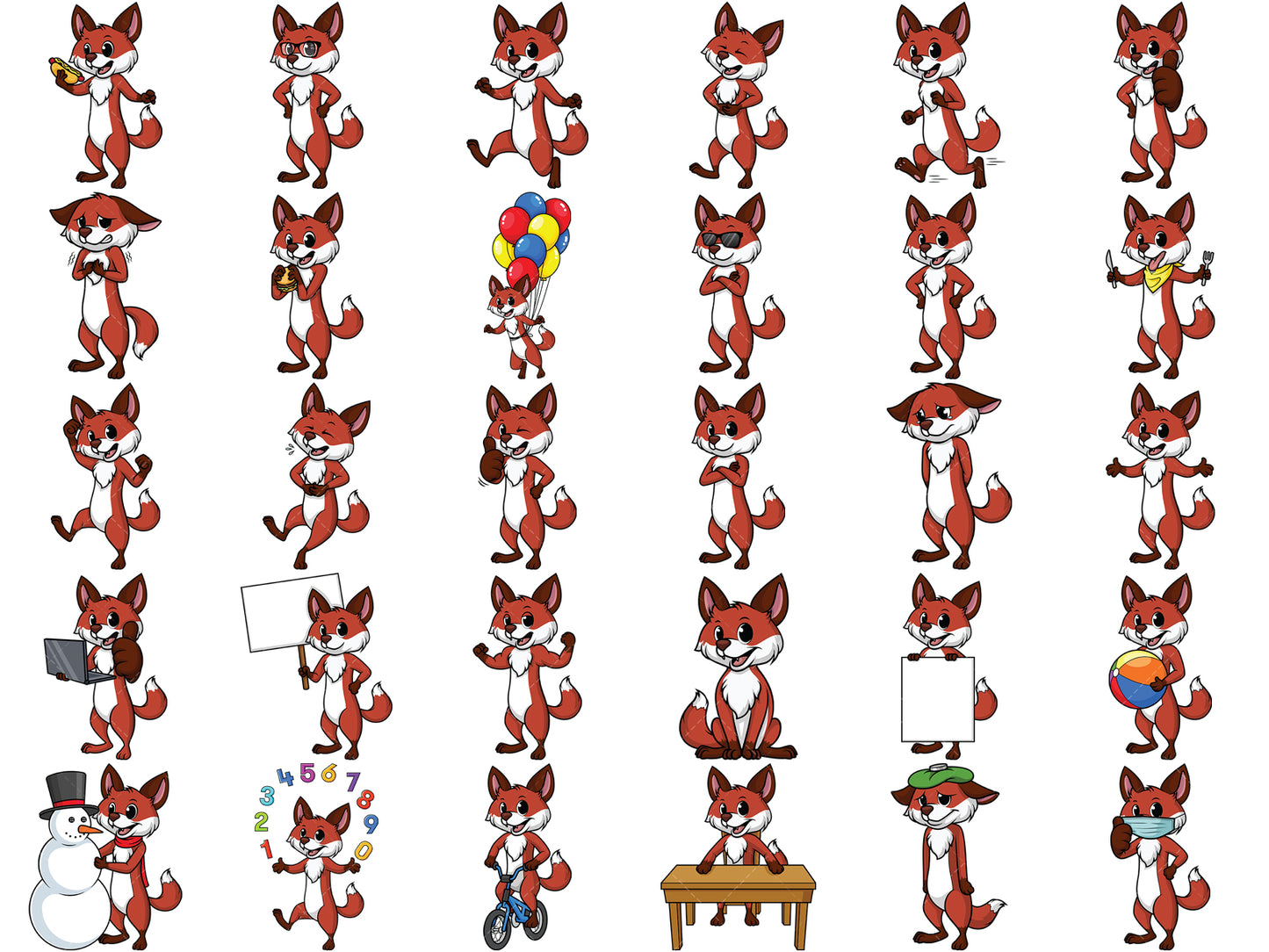 A bundle of 50 royalty-free stock vector illustrations of a cute fox character.