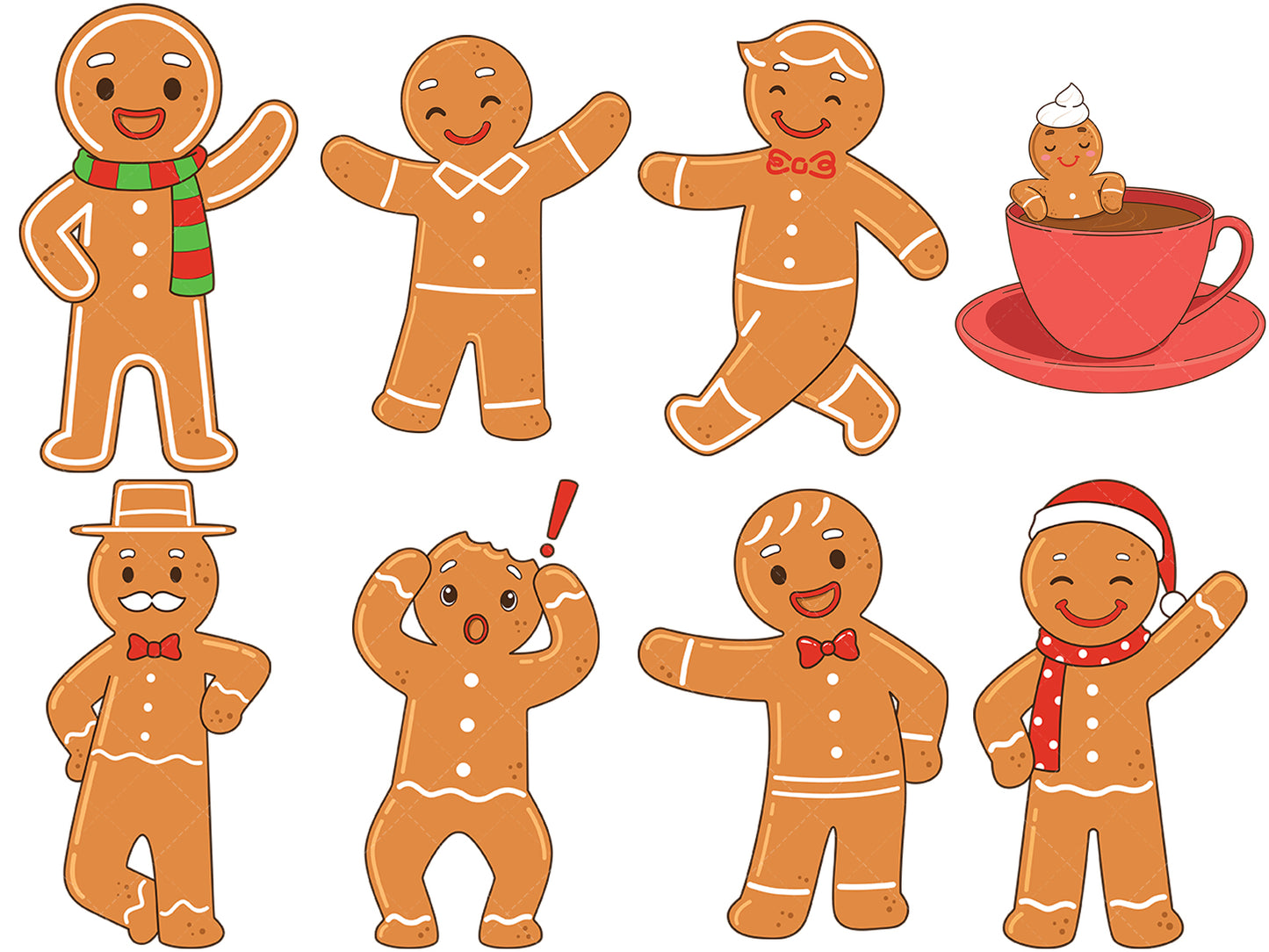 A bundle of 8 SVG (vector) images about a cute gingerbread man.
