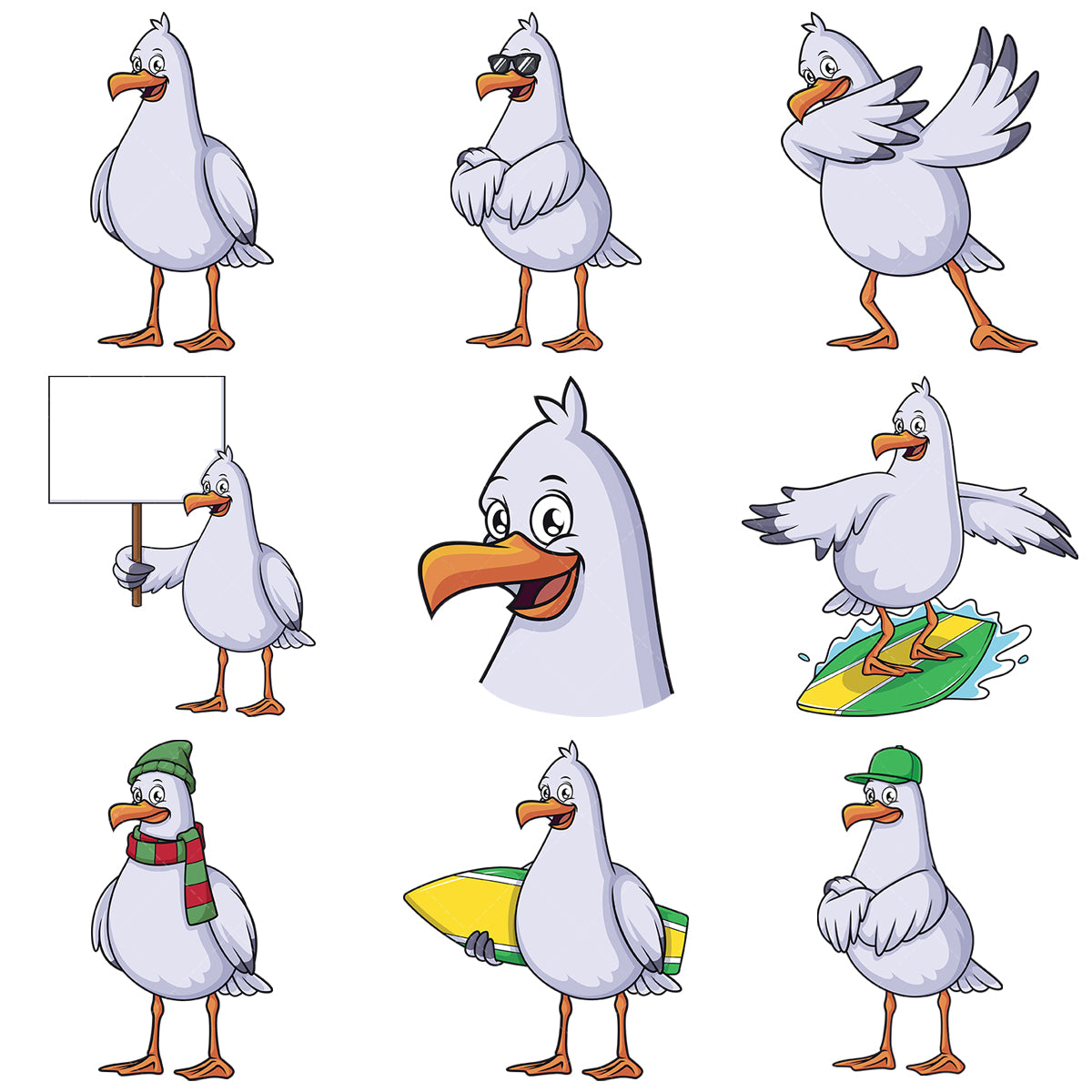 A bundle of 9 royalty-free stock vector illustrations of a cute seagulls no2.