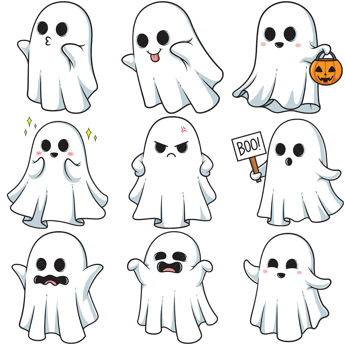 A bundle of 9 royalty-free stock vector illustrations of a cute sheet ghost.