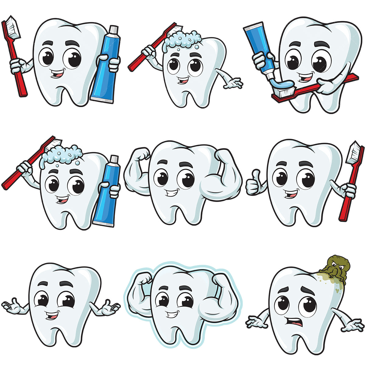 A bundle of 9 royalty-free stock vector illustrations of a cute tooth character.