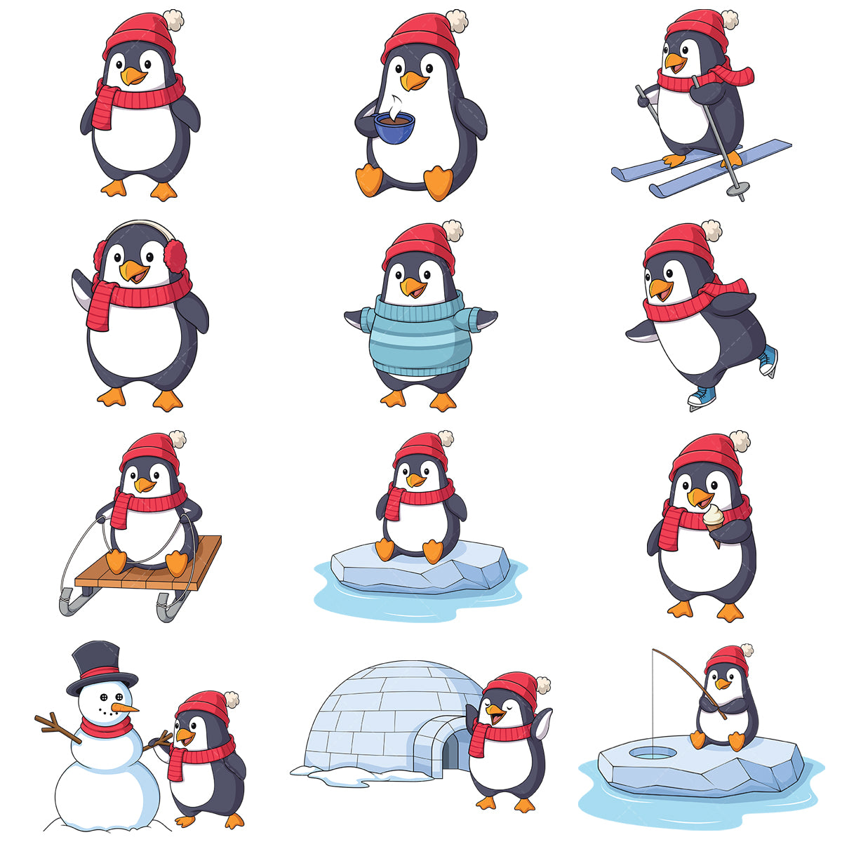 A bundle of 12 royalty-free stock vector illustrations of cute winter penguin.