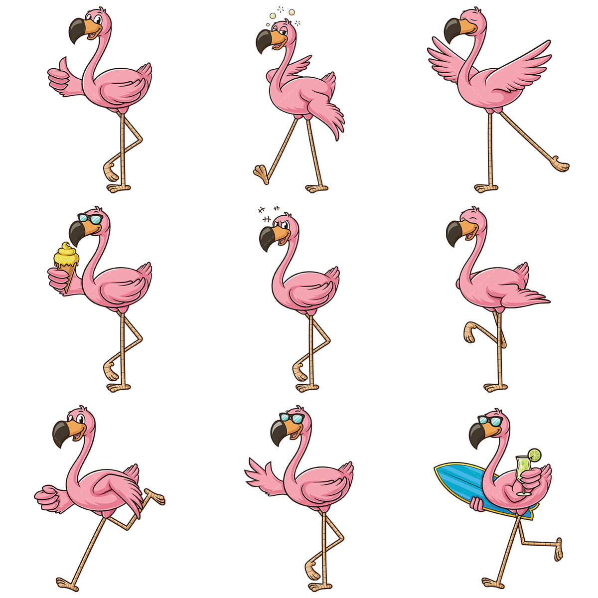 A bundle of 9 royalty-free stock vector illustrations of a flamingo mascot.