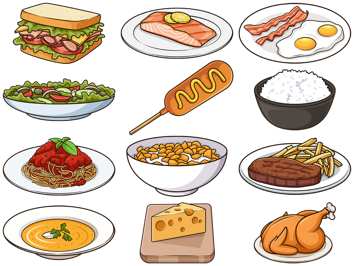 A bundle of 12 royalty-free stock vector illustrations of food items.