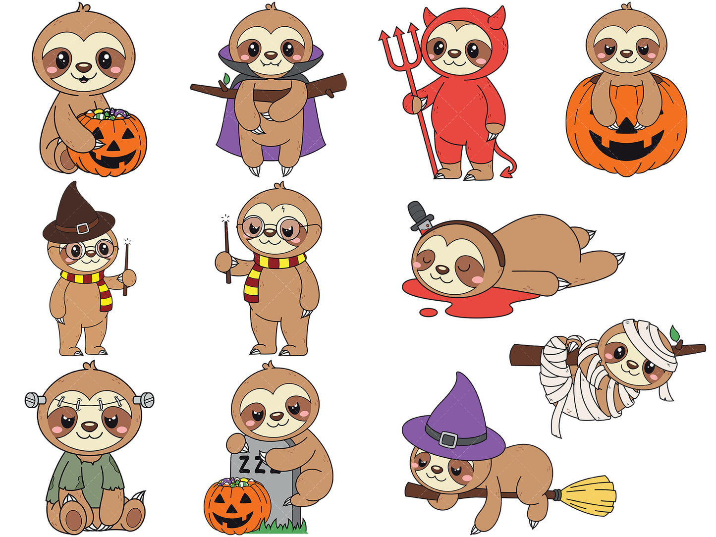 A bundle of 11 SVG (vector) images about a halloween sloth.