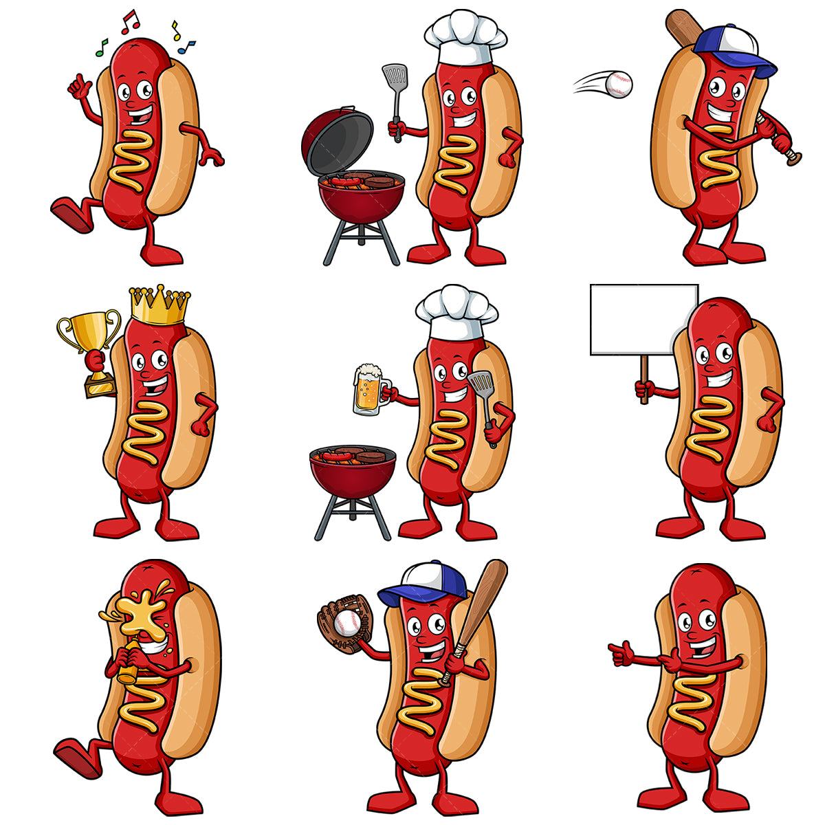A bundle of 9 royalty-free stock vector illustrations of a hot dog mascot.