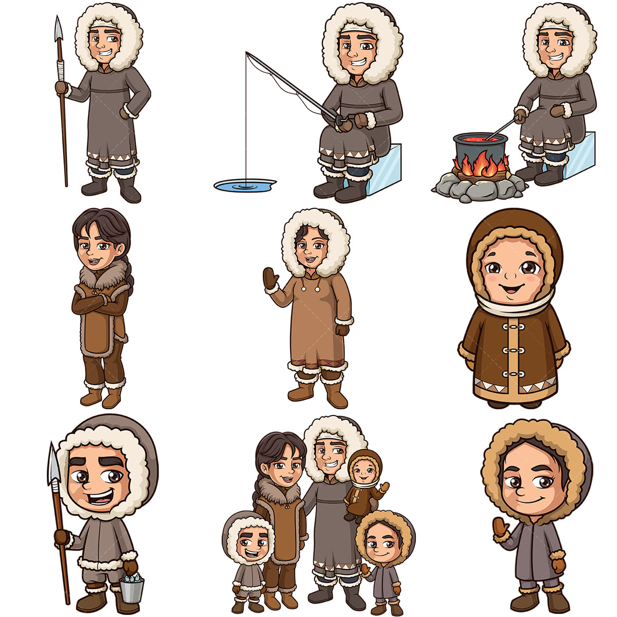 A bundle of 9 royalty-free stock vector illustrations of a inuit people.