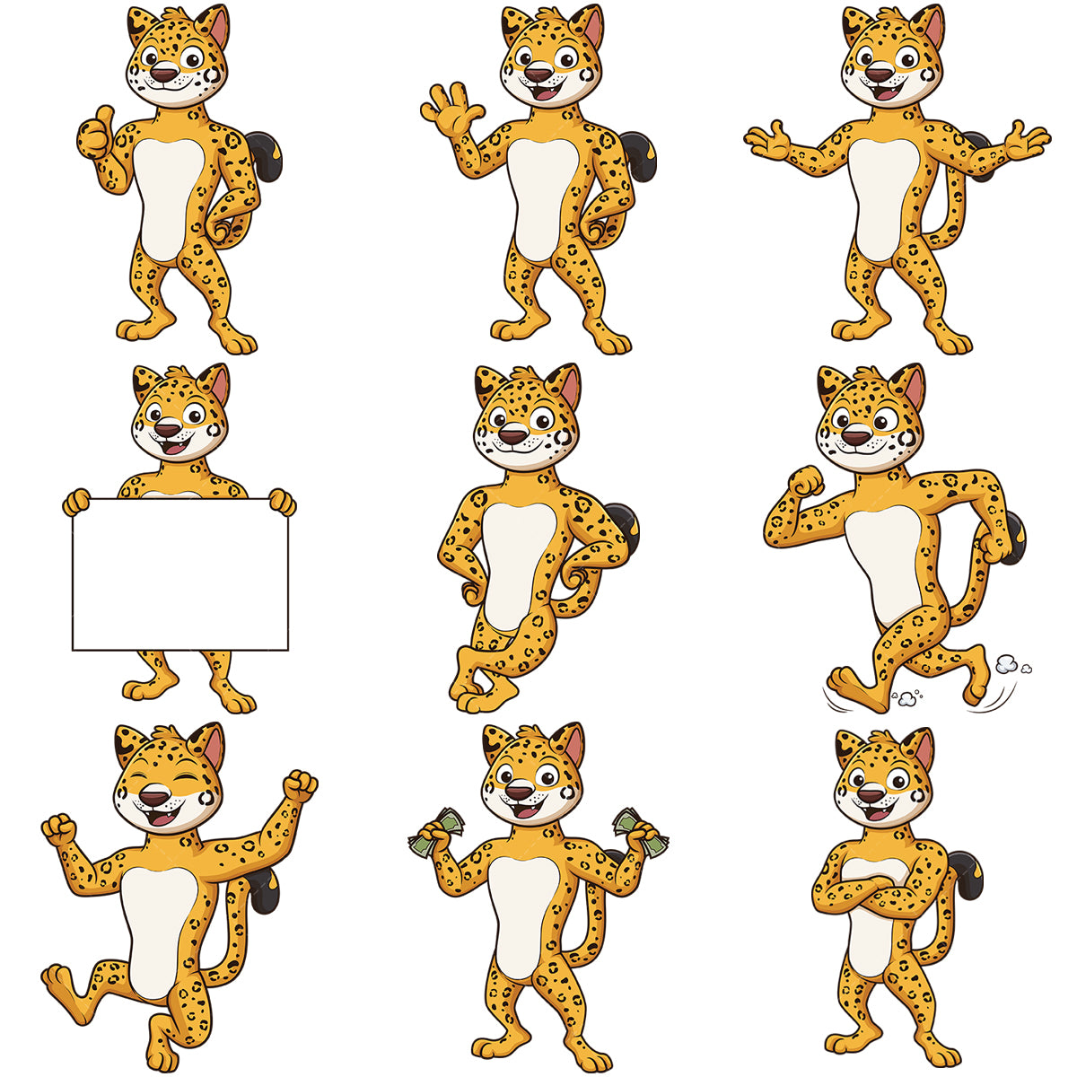 A bundle of 9 royalty-free stock vector illustrations of a jaguar mascot character.