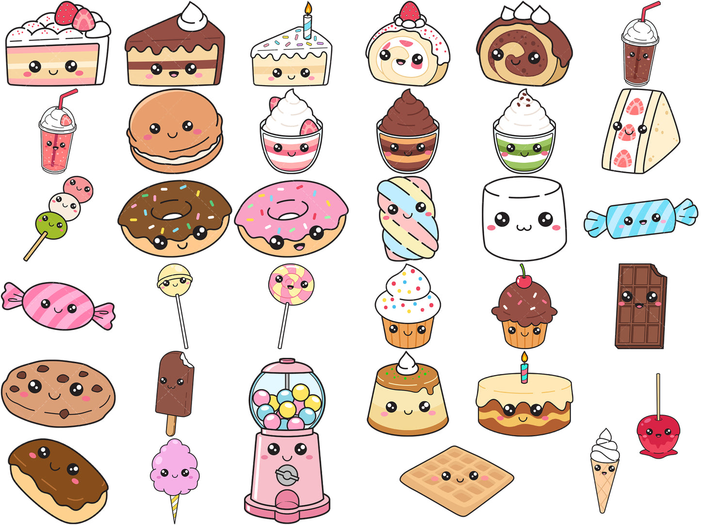 A bundle of 34 SVG (vector) images about kawaii sweets.