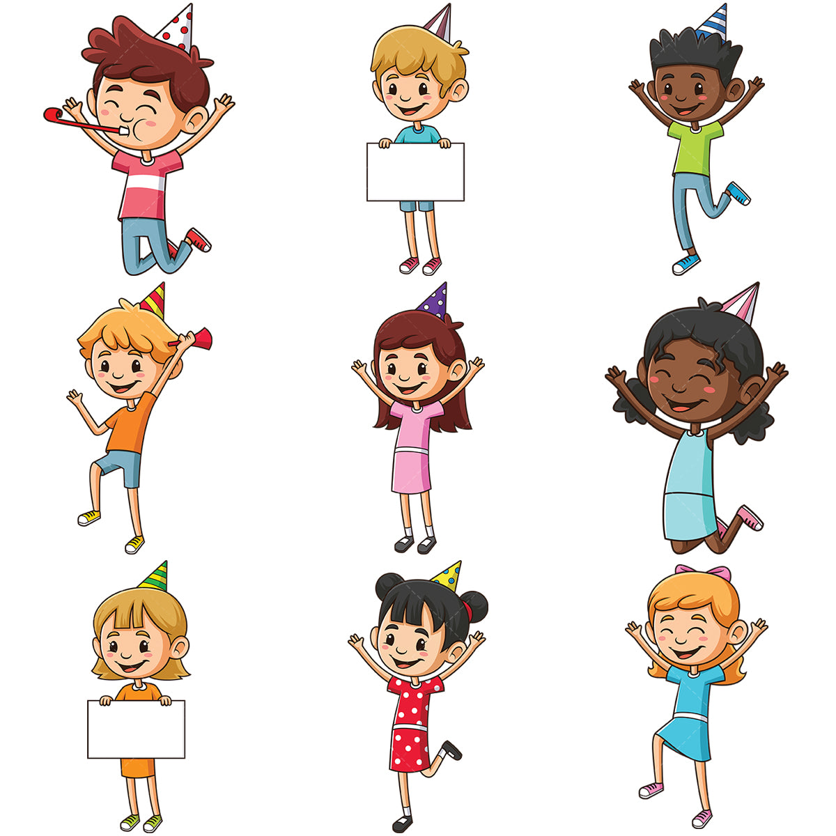 A bundle of 9 royalty-free stock vector illustrations of a kids celebrating birthdays.