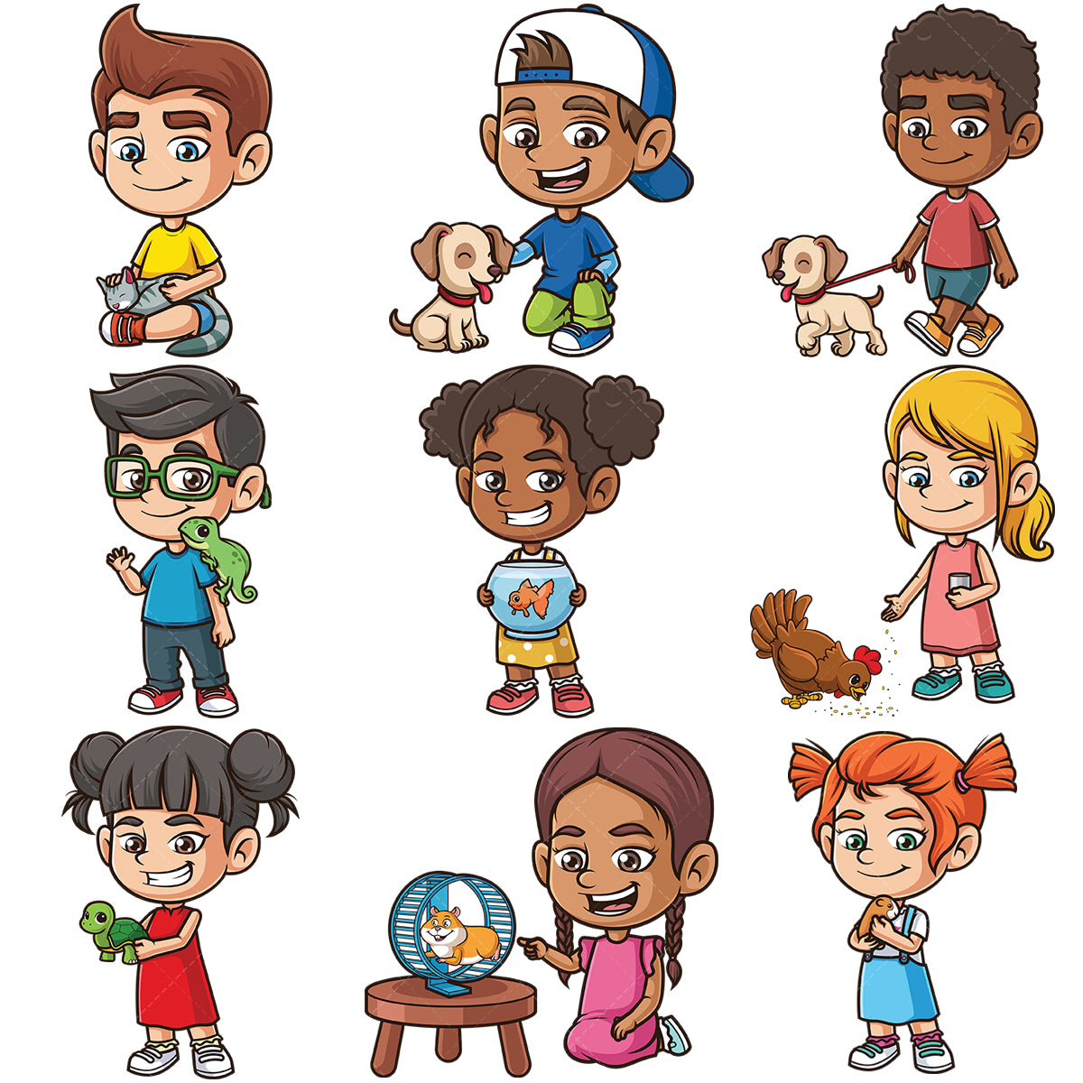 A bundle of 9 royalty-free stock vector illustrations of kids with pets.