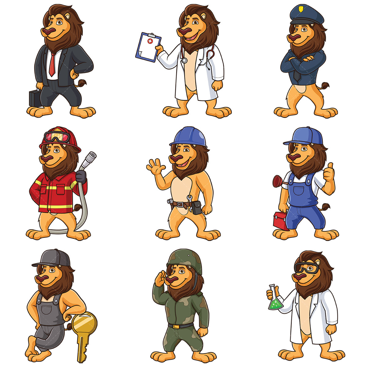A bundle of 9 royalty-free stock vector illustrations of lionell the lion mascot character.