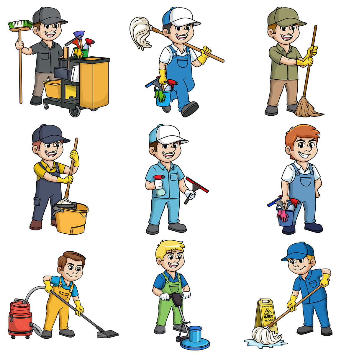A bundle of 9 royalty-free stock vector illustrations of a male cleaning professionals.
