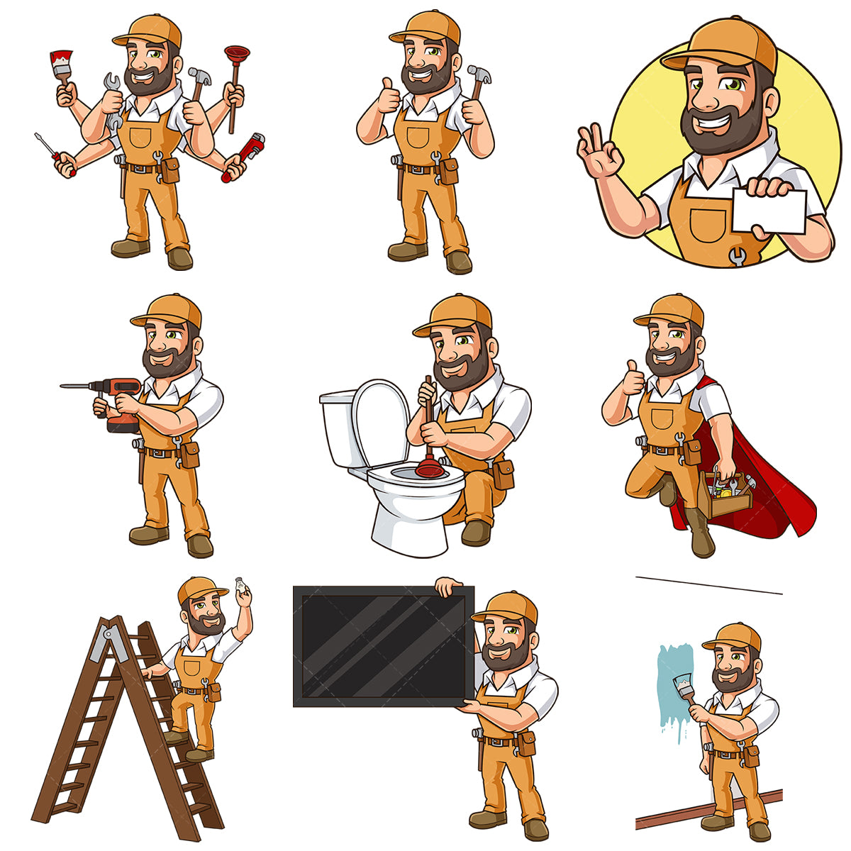 A bundle of 9 royalty-free stock vector illustrations of a male handyman.