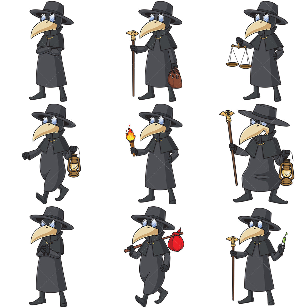 A bundle of 9 royalty-free stock vector illustrations of a medieval plague doctor.