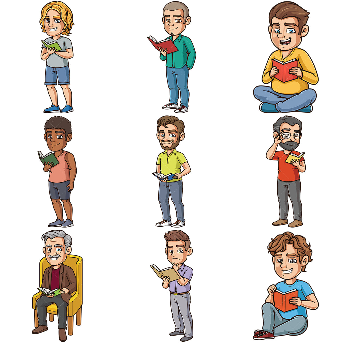 A bundle of 9 royalty-free stock vector illustrations of men reading books.