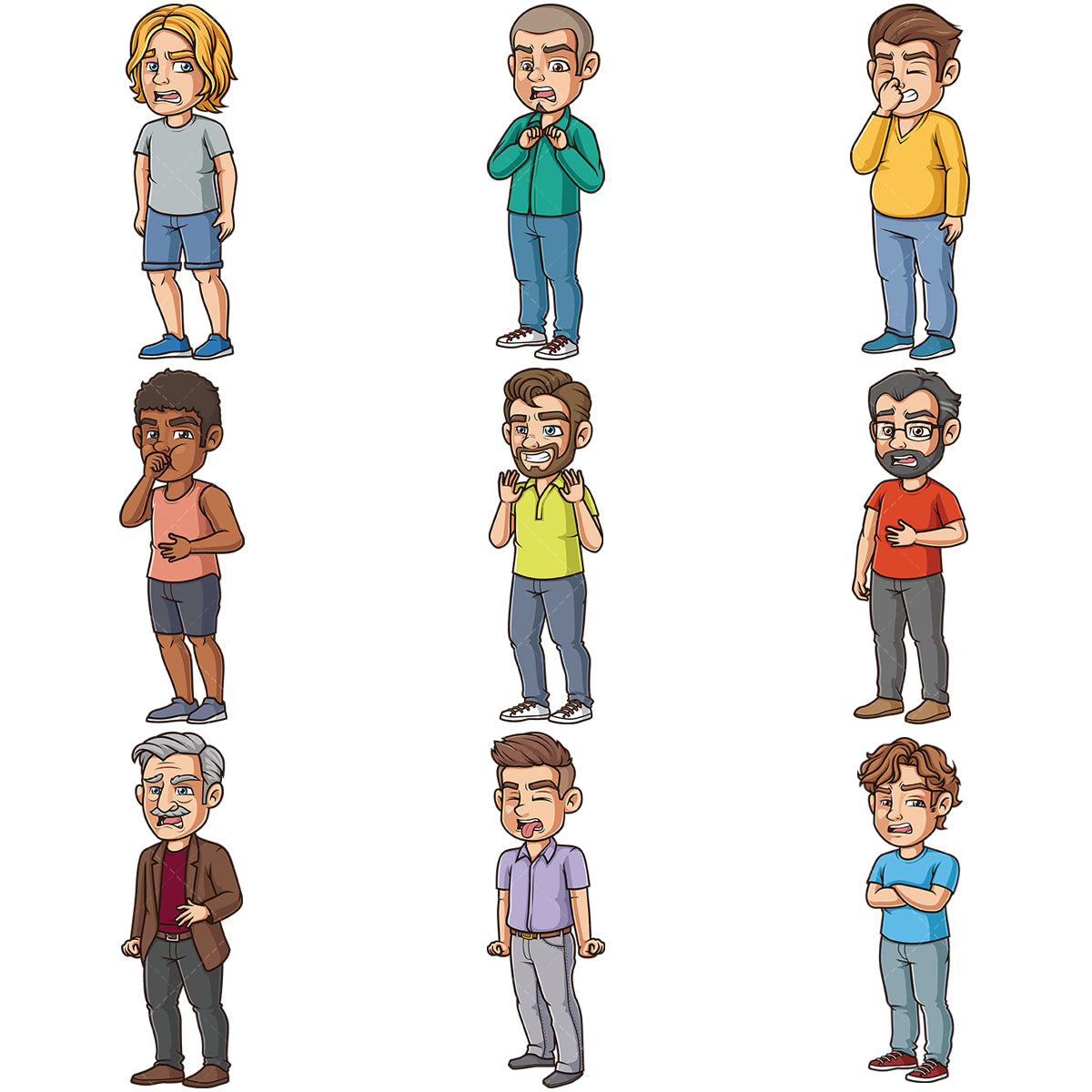 A bundle of 9 royalty-free stock vector illustrations of men showing disgust.