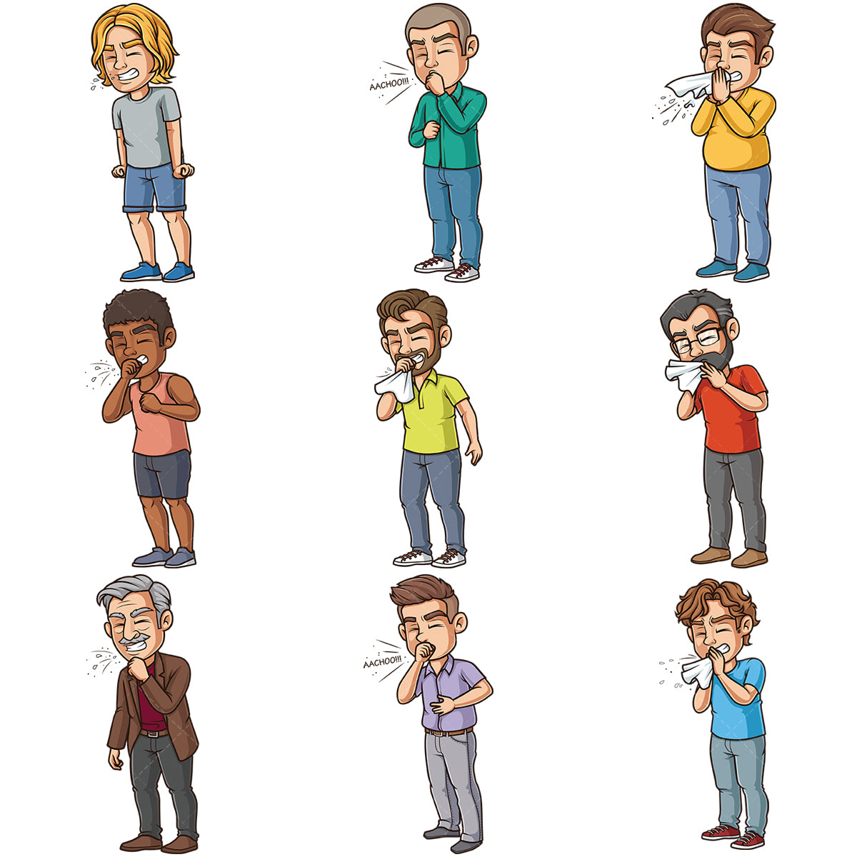 A bundle of 9 royalty-free stock vector illustrations of a men sneezing.