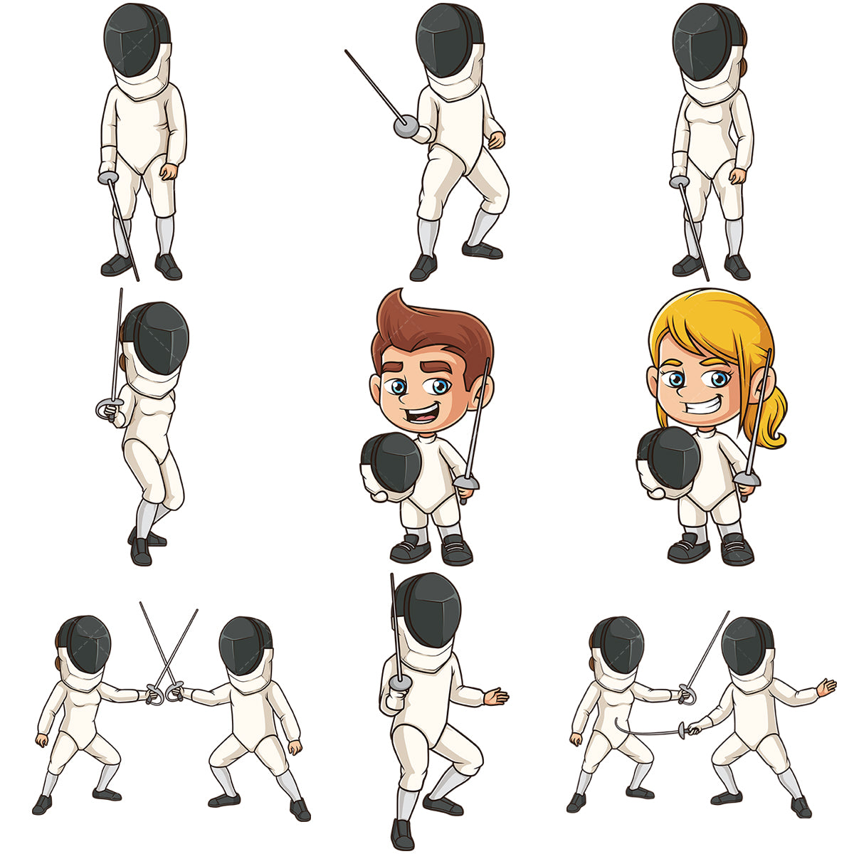 A bundle of 9 royalty-free stock vector illustrations of people fencing.