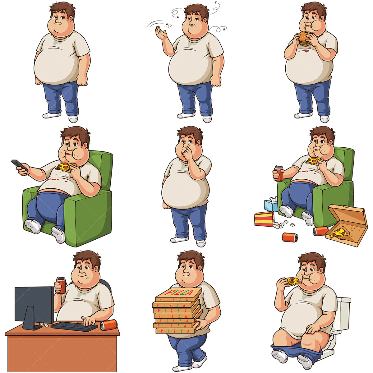 A bundle of 9 royalty-free stock vector illustrations of a sloppy man.