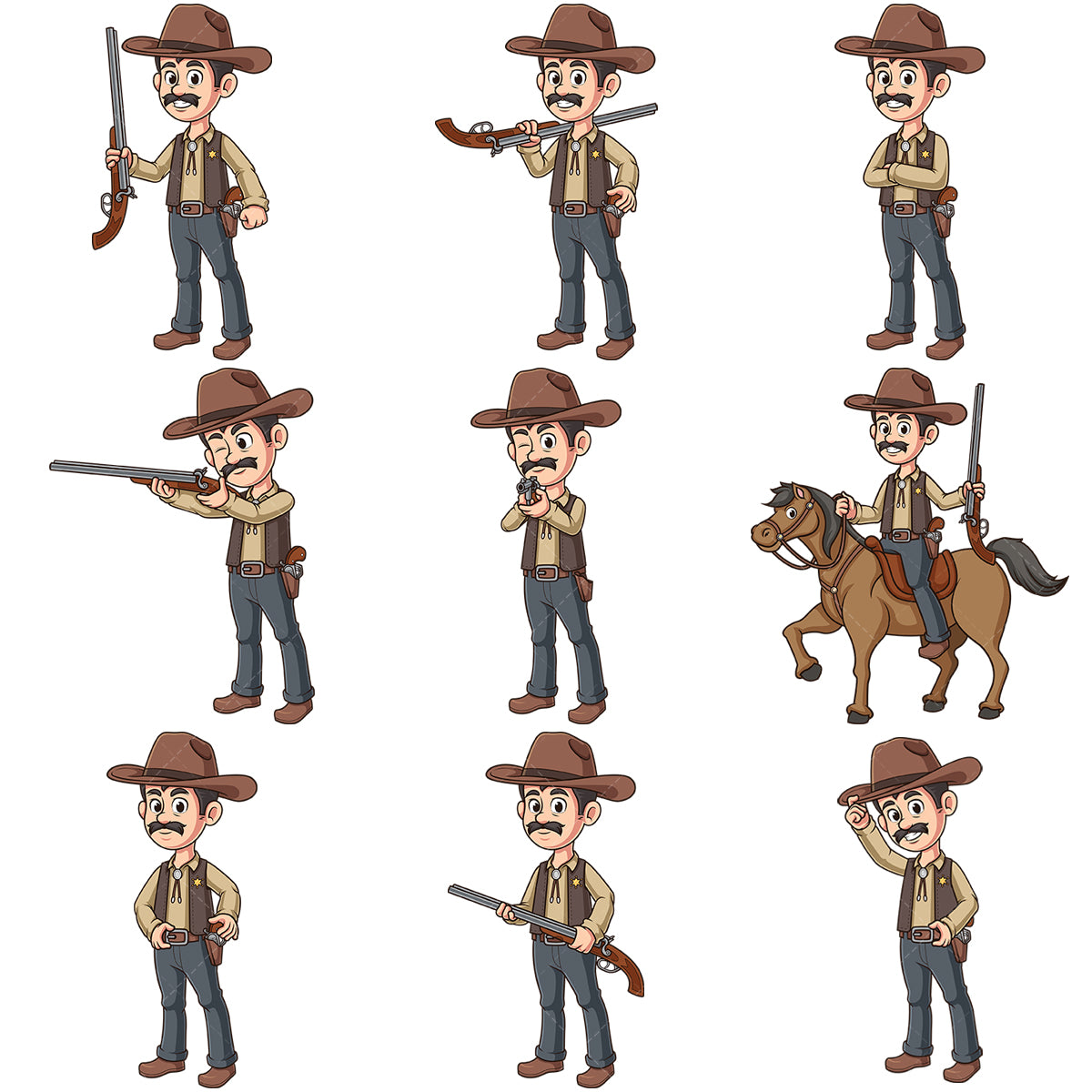 A bundle of 9 royalty-free stock vector illustrations of a wild west sheriff.