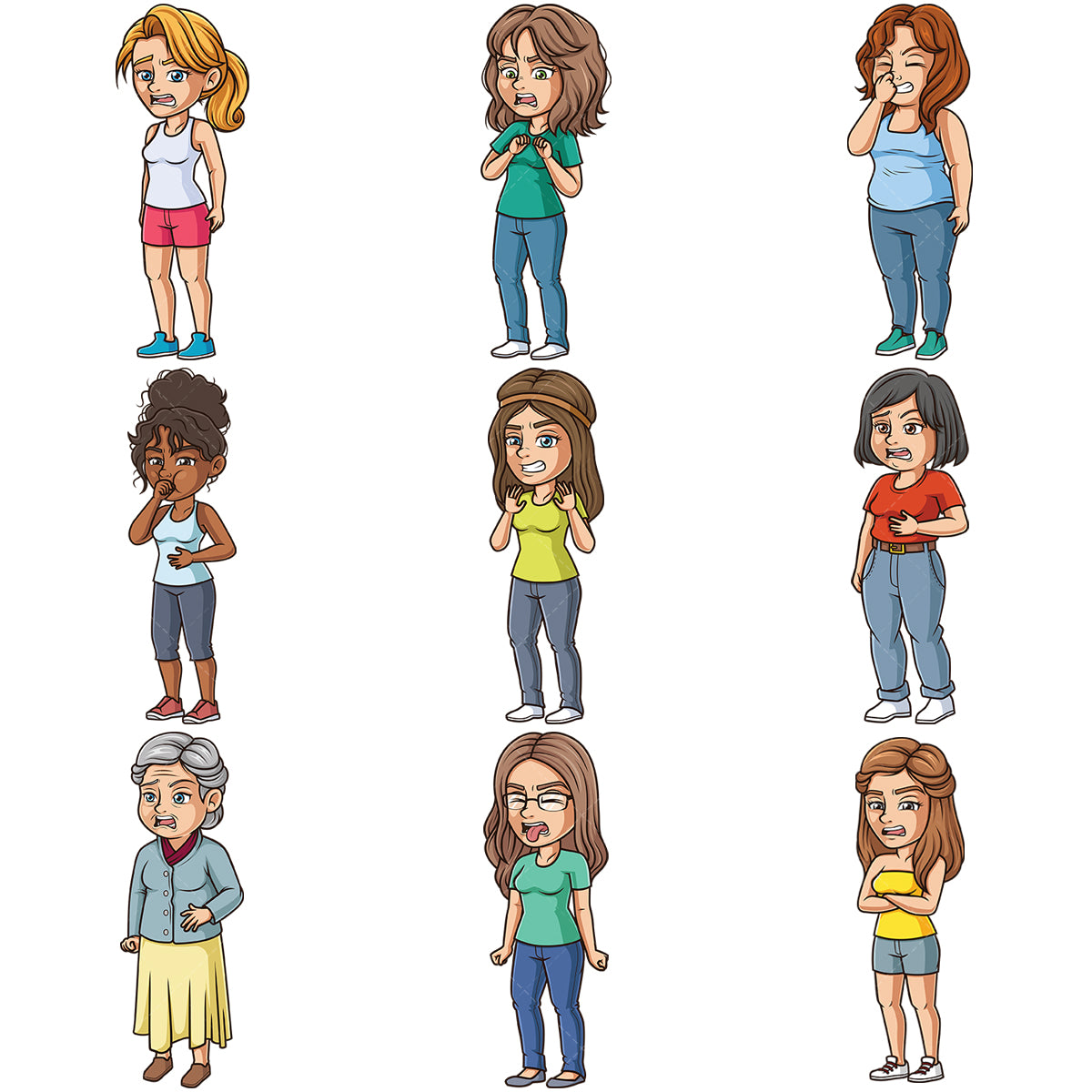 A bundle of 9 royalty-free stock vector illustrations of women showing disgust.