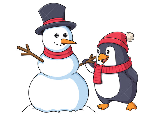 Royalty-free stock vector illustration of a winter penguin building snowman.