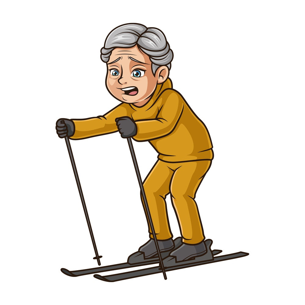 Fearful old woman skiing. PNG - JPG and vector EPS (infinitely scalable).