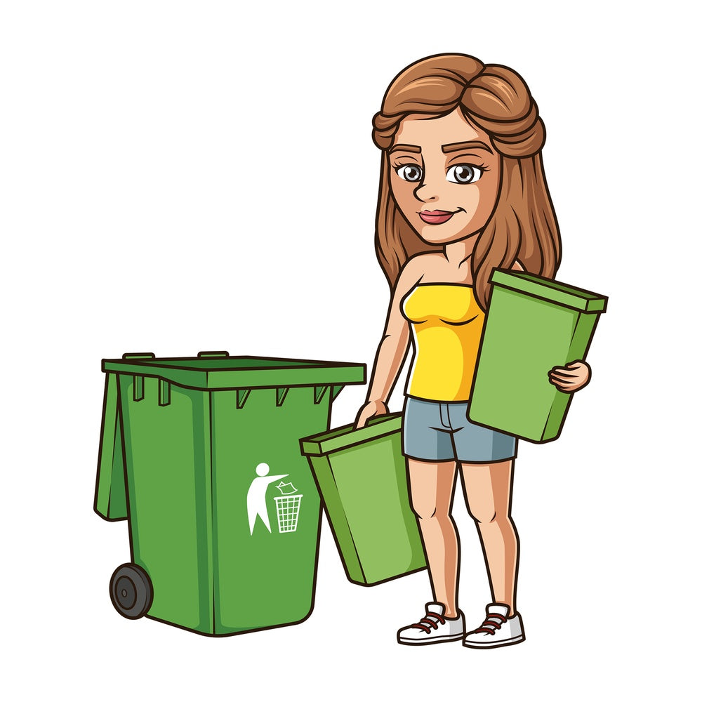 Young woman empty trash bins. PNG - JPG and vector EPS (infinitely scalable).