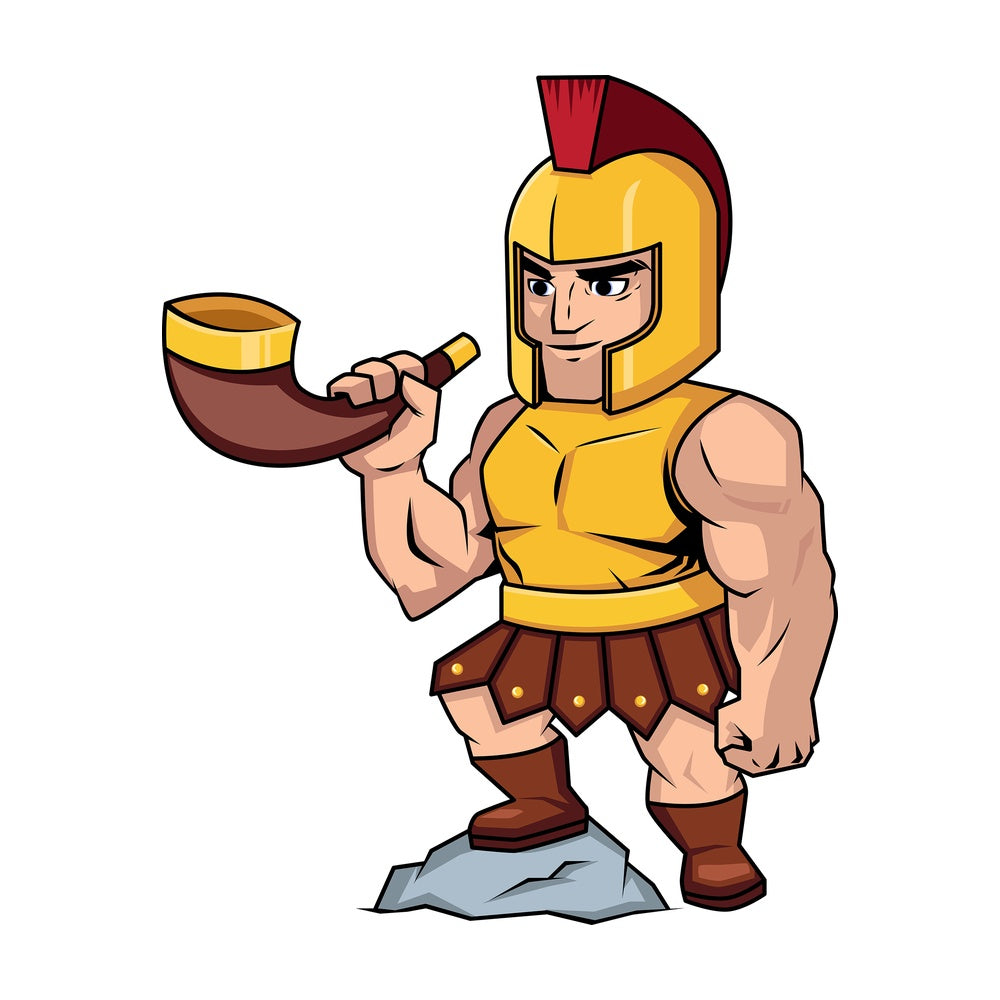 Roman soldier blowing a battle horn. PNG - JPG and vector EPS (infinitely scalable). Image isolated on transparent background.