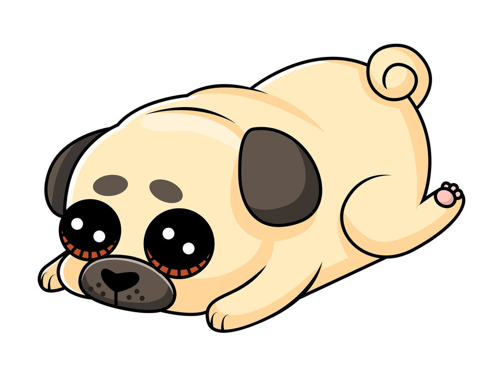 Sad pug puppy laying down feeling guilty. PNG - JPG and vector EPS (infinitely scalable).