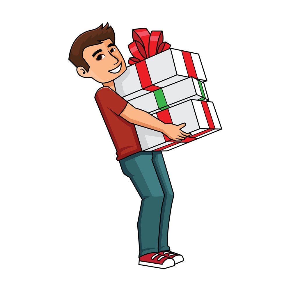 Man holding a bunch of presents - Image isolated on transparent background. PNG