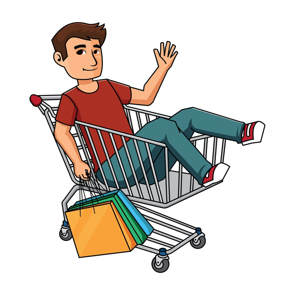 Man inside shopping cart holding bags - Image isolated on transparent background. PNG