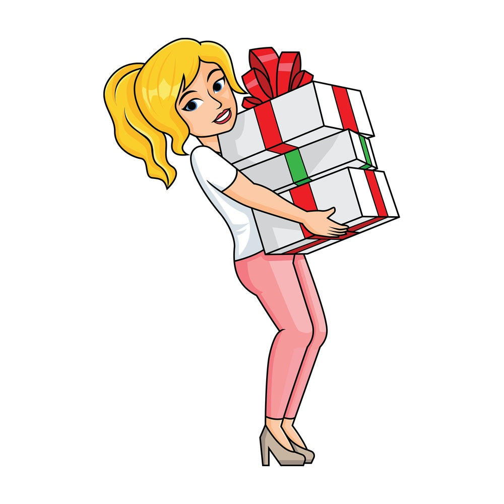 Woman holding presents in her lap - Image isolated on transparent background. PNG