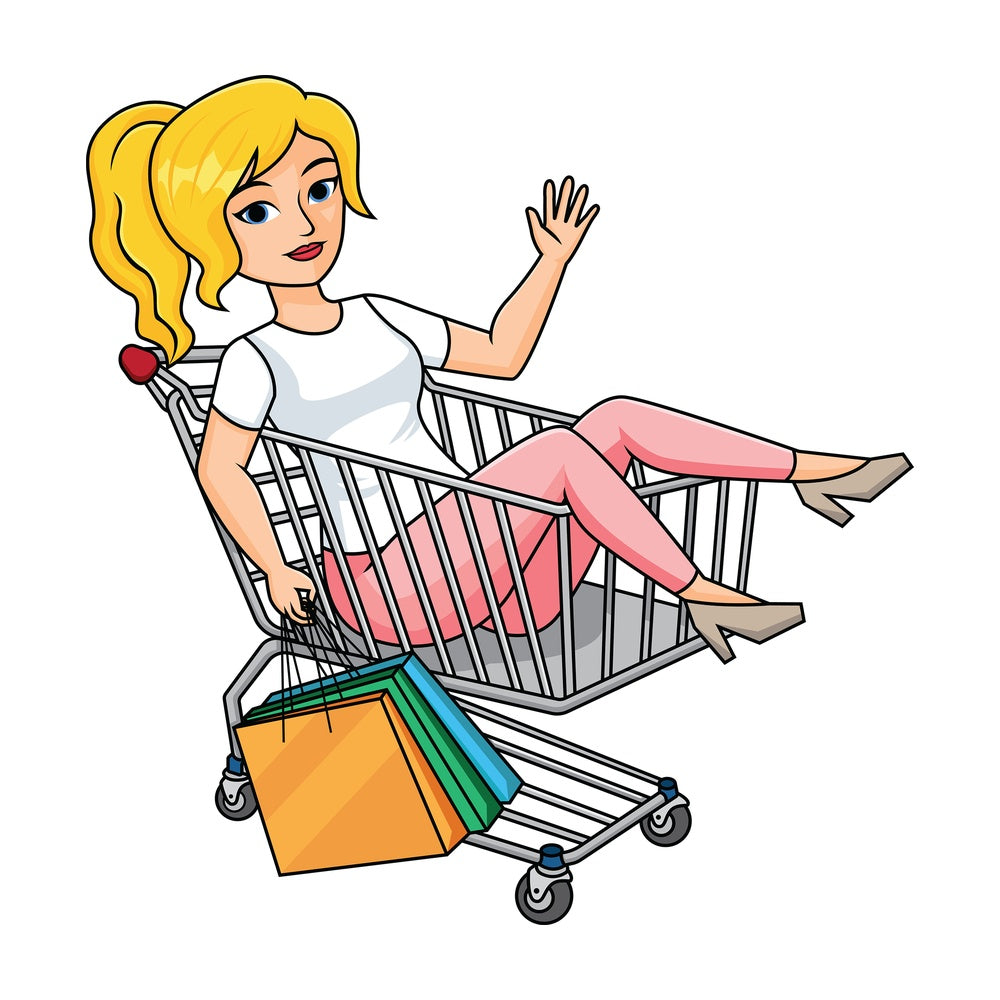 Woman inside shopping cart holding bags - Image isolated on transparent background. PNG