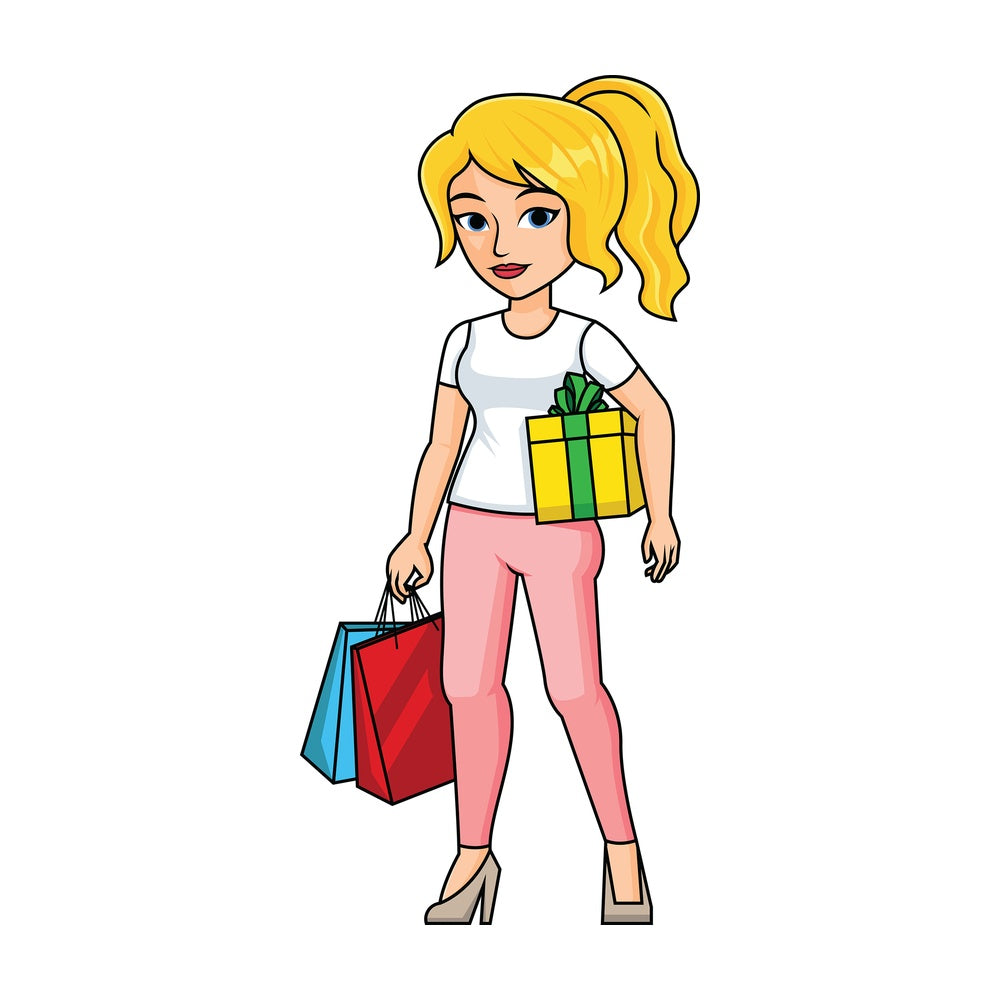 Woman holding shopping bags and a present - Image isolated on transparent background. PNG