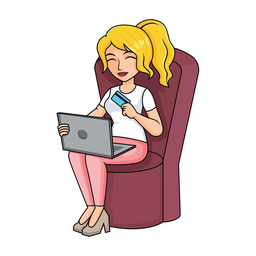 Woman holding credit card shopping online - Image isolated on transparent background. PNG