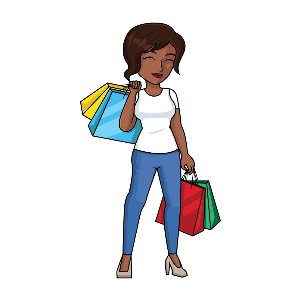 Black woman satisfied after shopping - Image isolated on transparent background. PNG
