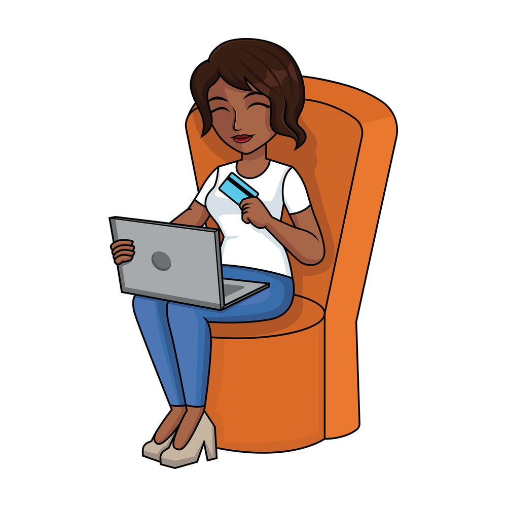 Black woman shopping online with cc - Image isolated on transparent background. PNG