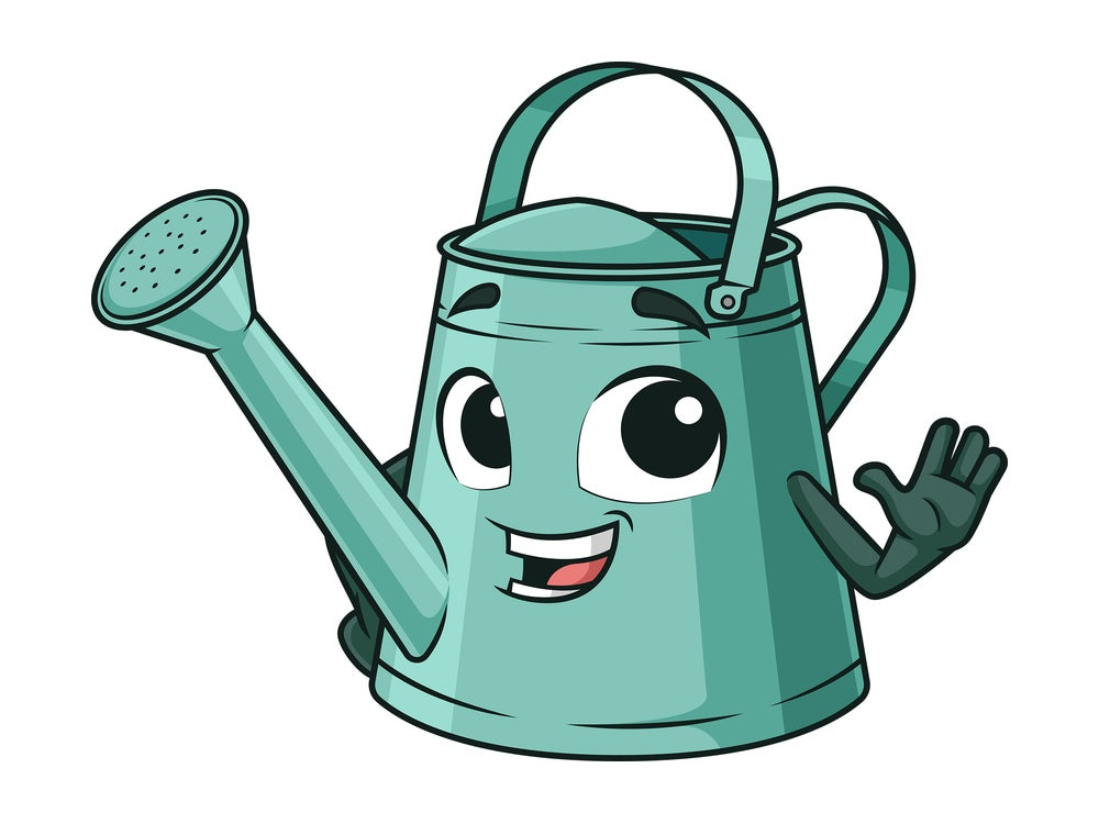 Smiling watering can waving. PNG - JPG and vector EPS (infinitely scalable).