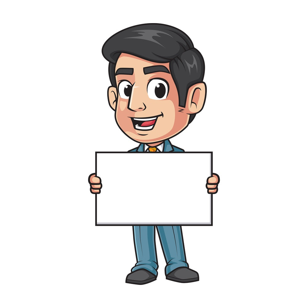Excited man holding empty sign. PNG - JPG and vector EPS (infinitely scalable).