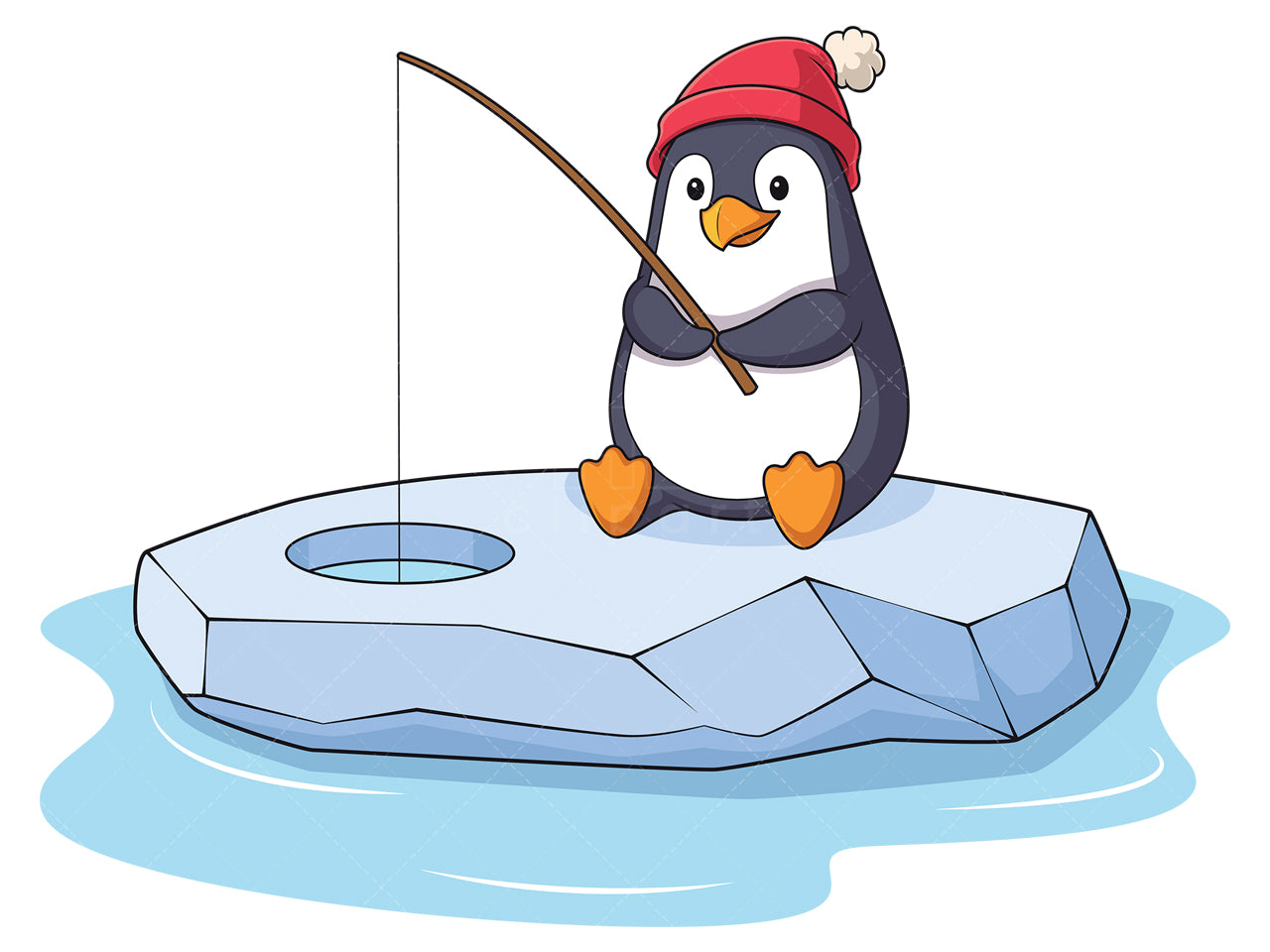 Royalty-free stock vector illustration of a winter penguin fishing.