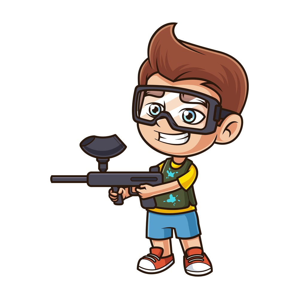 Cartoon boy playing paintball. PNG - JPG and vector EPS (infinitely scalable).