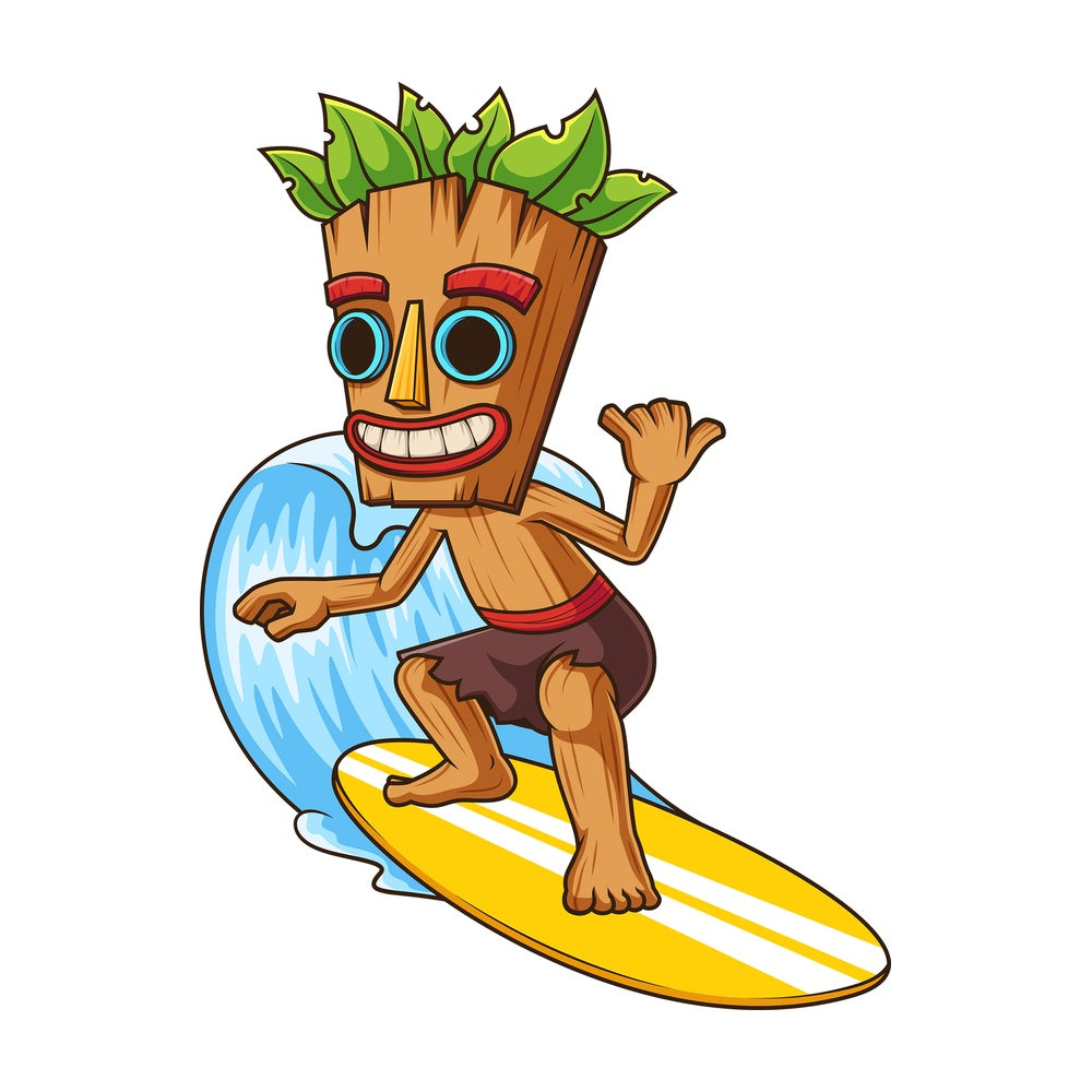 Tiki character surfing. PNG - JPG and vector EPS (infinitely scalable).