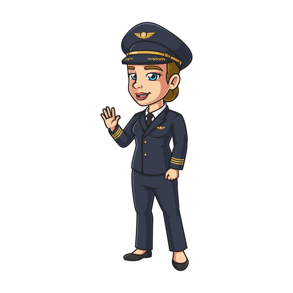 Female airline pilot waving. PNG - JPG and vector EPS (infinitely scalable).