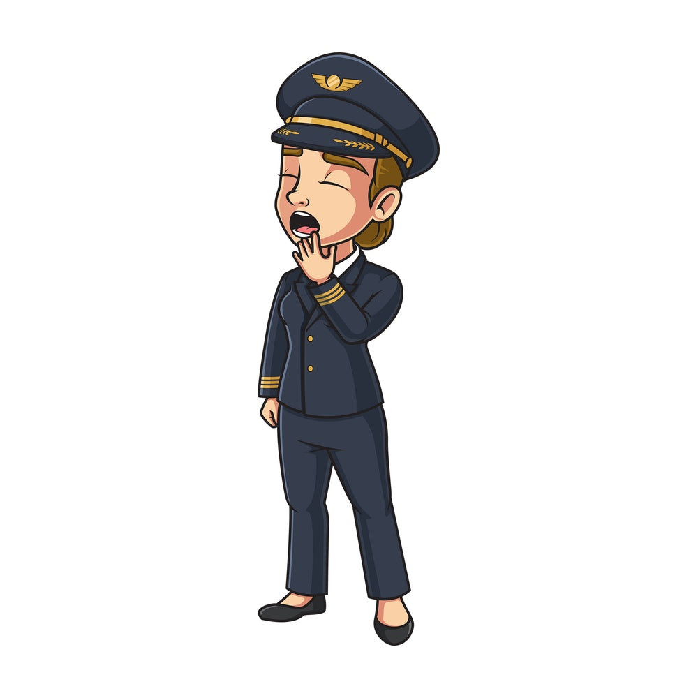 Female airline pilot yawning. PNG - JPG and vector EPS (infinitely scalable).